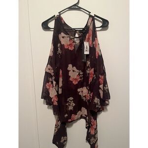 Jeans By Buffalo Womans Blouse Maroon Flowers Peep‎ Shoulder Nwt XL